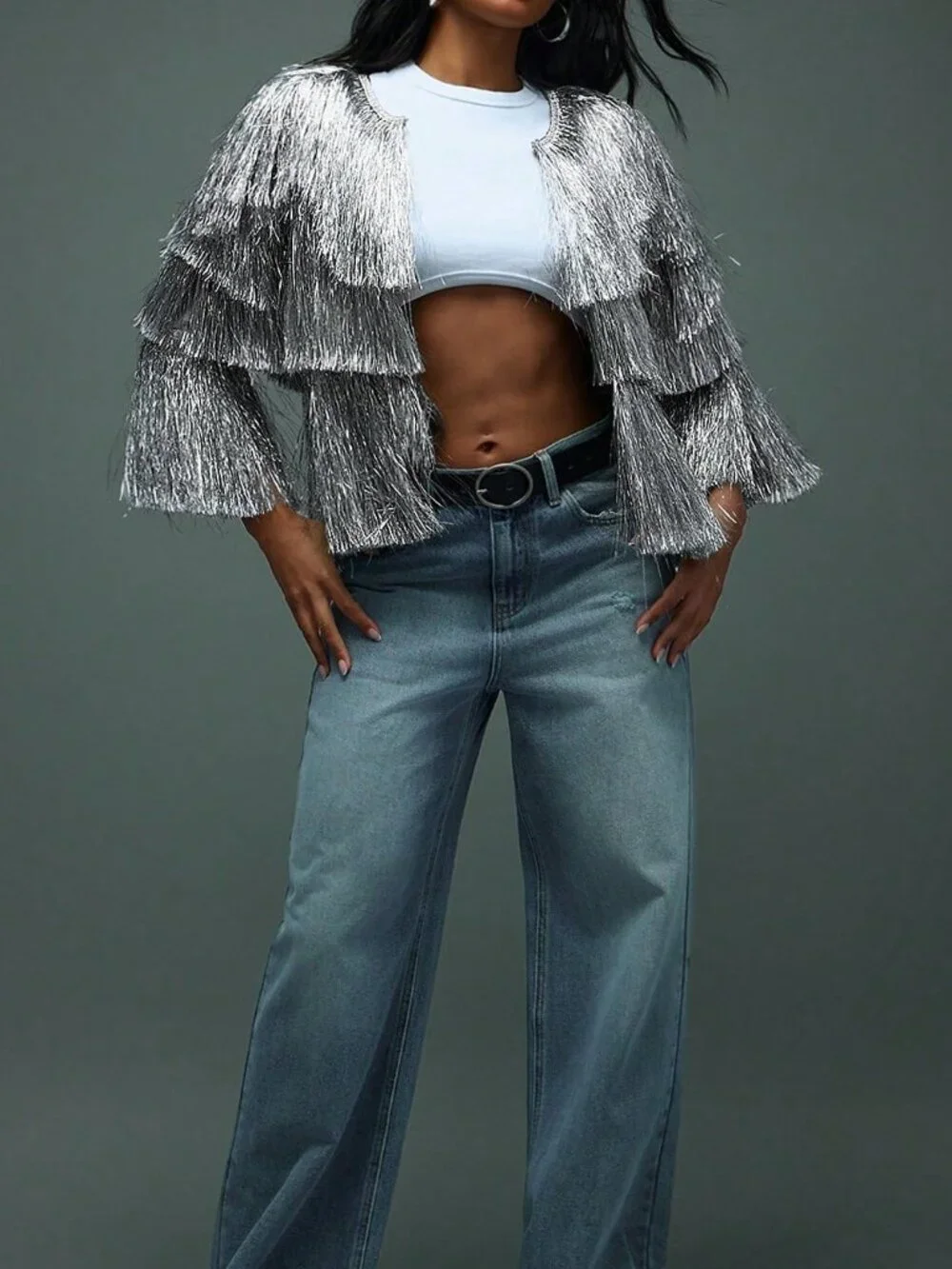 Silver Elegant Women's Night Out Party Shiny Fringe Layered Long Sleeves Jacket - Picture 4 of 5